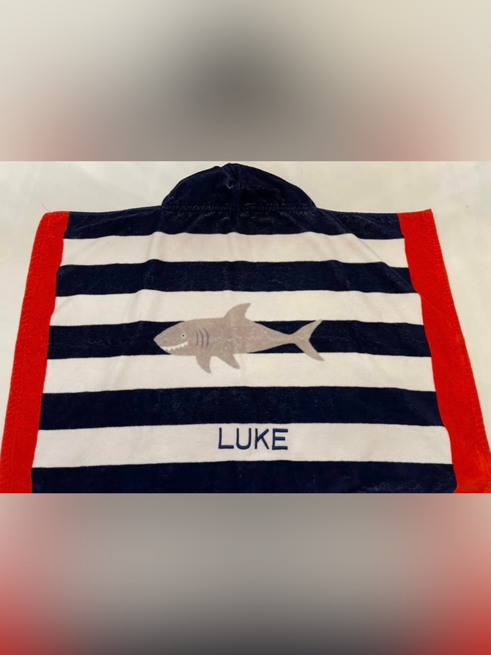 Pottery Barn Kids hooded towel - shark - LUKE monogram - baby size